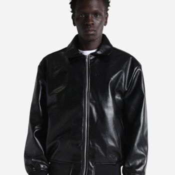 Unisex PU Leather Collared Varsity Jacket Thumbnail